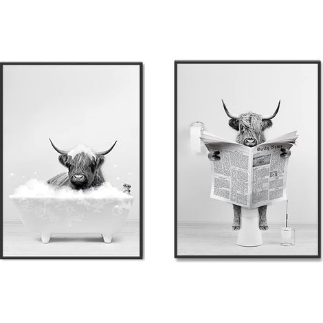 Tableau sur toile représentant une adorable vache à longues cornes en noir et blanc, 60 x 40 cm, idéal pour la décoration murale de la salle de bain (1/5)