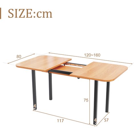 Table extensible en bois couleur naturelle 120 cm, longueur télescopique jusqu'à 160 cm, style moderne minimaliste, pieds en alliage haute résistance, pour 4 à 6 personnes (1/5)