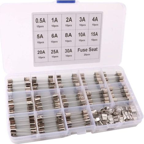 150Pcs 6X30mm Professionnel Voiture Fast-Souffler Verre Tube Fusible Kit: 130Pcs Rapide Coup Verre Tube Fusible + 20Pcs Fusible Siège, avec Transparent Plastique Boîte