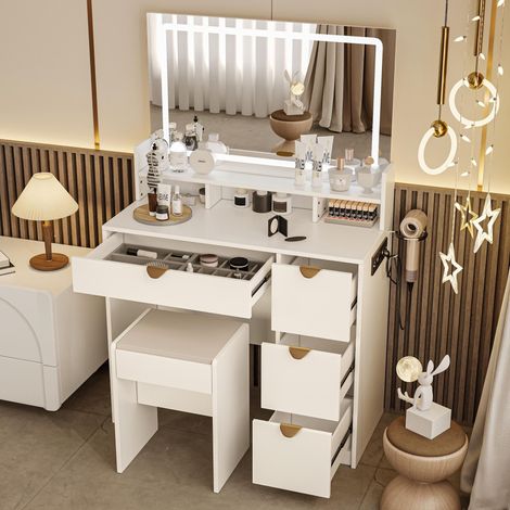 Moderne Schminktisch 90x40x140 cm - mit 3-Farben LED Make-up Spiegel - 4 Schubladen und Hocker - mit USB-Anschluss und goldenen Griffen - eleganter Stil - Weiß
