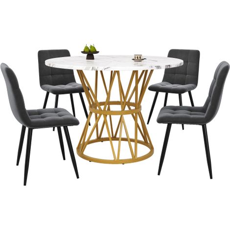 Équipe de table à manger (5 pièces), Équipe de table à manger avec 4 chaises, Équipe de table à manger de cuisine moderne, Table de cuisine ronde avec 100 cm de diamètre et pieds en métal