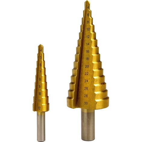 Euro Vanadium – Forets coniques étagés lot de 2 – Acier rapide HSS avec traitement titanium – Diamètre de perçage 4 à 30 mm – Pour perçage précis (1/3)