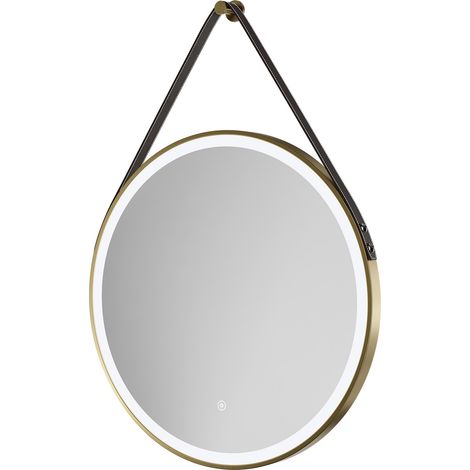 Colore Colorado Brushed Brass Frame with Brown Strap 600mm Round Illuminated Dimmable LED Mirror with Demister and Touch Sensor (1/5)