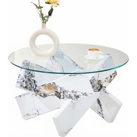 ELVMI Runder Couchtisch mit Glasplatte und gekreuztem Gestell für Wohnzimmer aus weißem MDF Durchmesser 79 cm (1/5)