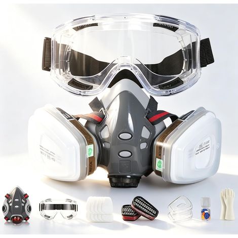 Semimaschera respiratoria, protezione contro polveri, gas e polveri sottili con 20 filtri sostituibili – Occhiali di sicurezza regolabili per verniciatura, saldatura, lavorazione del legno (1/5)