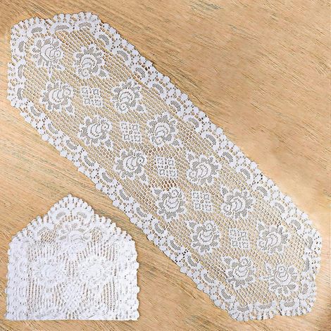 2 Stück weiße Tischläufer aus Spitze, 33 x 114 cm, eleganter Vintage-Stil, mit Blumenmuster, Quasten und Häkeldetails, für Küche, Esszimmer, Feiertage und Partys (1/4)