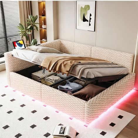 Cadre de lit beige en velours 213 x 147,5 x 68 cm (1/5)