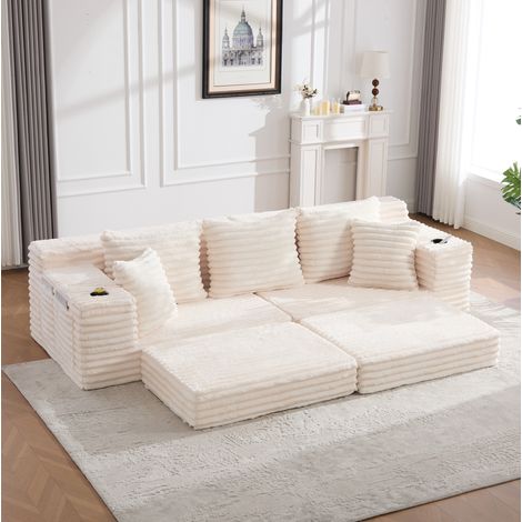 Schlafsofa 273x98x87 cm Beige Cordstoff mit hoher Rückenlehne, Seitentaschen und Getränkehaltern (1/5)