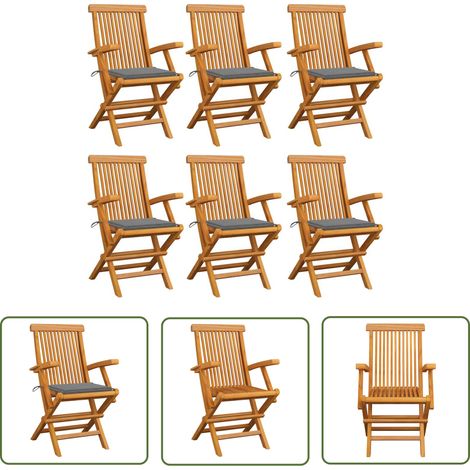 The Living Store Gartenstühle mit Grauen Kissen 6 Stk. Massivholz Teak - Gartenstühle - Teakholz - Outdoormöbel - Gartenmöbel - Esszimmerstühle (1/5)