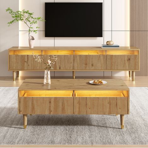 Ensemble salon LED : meuble TV 4 portes et table basse 2 tiroirs, MDF finition bois, style moderne (1/5)