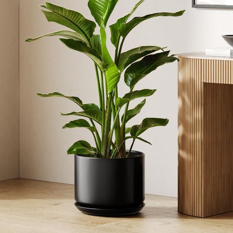 Keramik Blumentopf groß 30cm mit Untersetzer und Abflussloch, Schwarz (1/5)