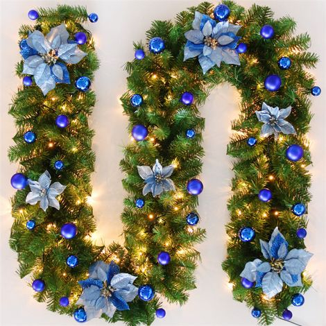 MINKUROW Guirnalda De Árbol De Navidad Artificial, 270 Cm Coronas Y Guirnaldas De Navidad Con Flor Azul Led Y Bola Azul, Guirnaldas De Navidad De Decoración Para Dormitorio Puerta Pared Ventana Escale