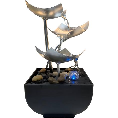 Fontaine d'intérieur - Fontaine de table en cascade avec éclairage LED - Décoration zen moderne avec pompe silencieuse - Décoration de table zen moderne (argent (1/5)