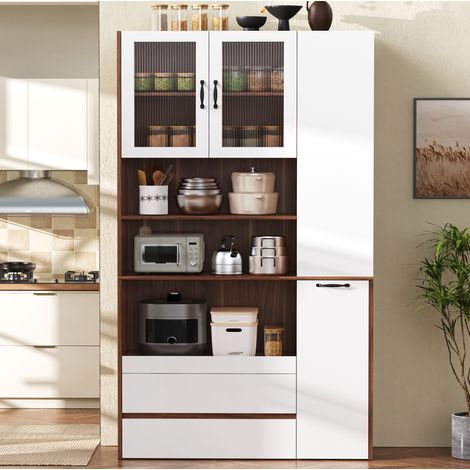 Buffet haut 100 x 40 x 200 cm en MDF, blanc et noyer, avec tiroirs et étagères réglables (1/5)