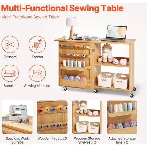 Table de couture pliante, table pour machine à coudre polyvalente avec design compact, roulettes, étagères, plateaux de rangement,… (1/5)
