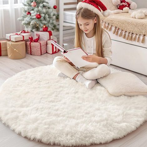 Tapis Moelleux à Poils Longs - Dessous antidérapant - Lavable - pour Le Salon, la Chambre d'enfant, la Chambre à Coucher - 160 cm Rond, Ivoire (1/4)