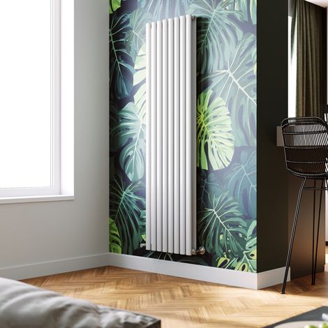 ELEGANT Vertical Column Designer Radiator White Oval Double Panel Rad 1800 x 472mm + Angled Radiator Valves (1/5)