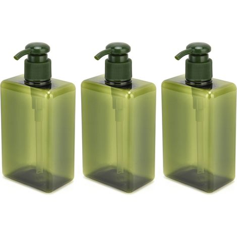 Lot de 3 flacons-pompes vides de 280 ml pour lotion, shampoing ou savon liquide. Flacons étanches, vert noirâtre. (1/5)