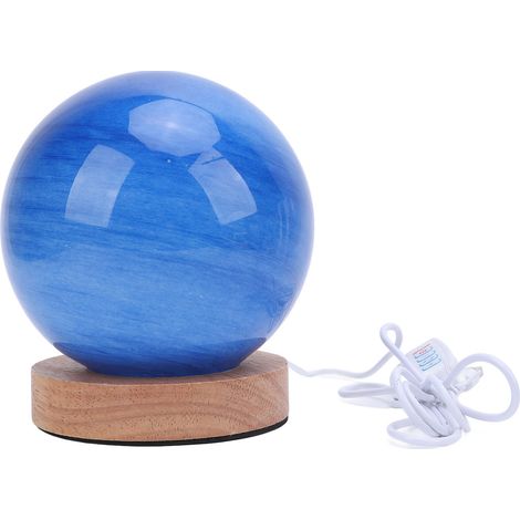 Lampe de chevet avec base en bois et abat-jour en verre bleu de forme boule, petite lampe de table à 3 températures de couleur et variateur continu, lampe de lecture pour chambre à coucher, 12 cm