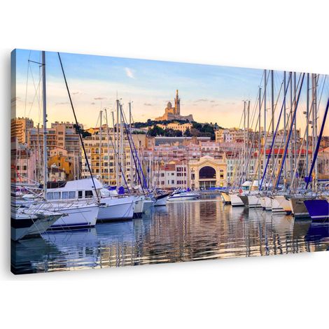 Tableau sur toile bateaux vieux port de Marseille 30x45 cm - Impression sur Toile Murale Décorative - Image imprimée en HD sur Toile - Toile sur Châssis en Bois FSC - Fabriqué en France