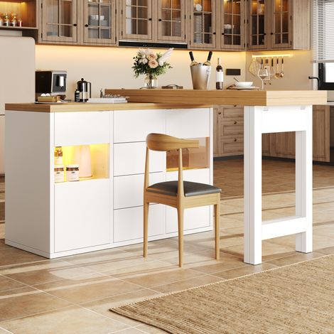 Isla de cocina giratoria 120-197x40x73.8 cm, con iluminación RGB por app, puertas de vidrio, MDF y metal, blanca (1/5)