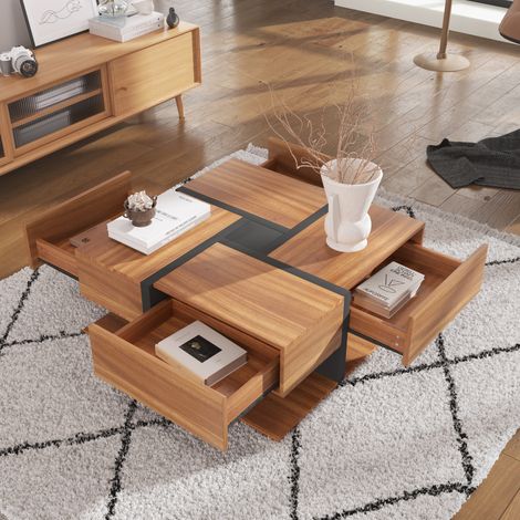 Mesa de centro de aglomerado natural 78 cm cuadrada con 4 cajones y estante inferior