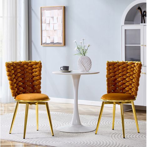 Sedia da pranzo 62/58/51 cm in velluto arancione con struttura dorata, schienale intrecciato e seduta imbottita (1/5)