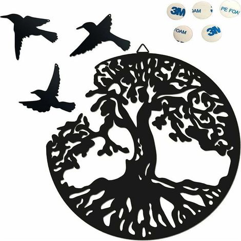 Décoration murale arbre de vie en métal, décoration murale en métal avec 3 oiseaux, (1/5)