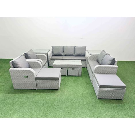 Fimous PE Wicker Rattan Furniture Sets with Oblong Coffee Table Love Sofa Reclining Chair 3 Seater Sofa 4 Stools 2 Side Tables Light Grey Mixed (1/4)