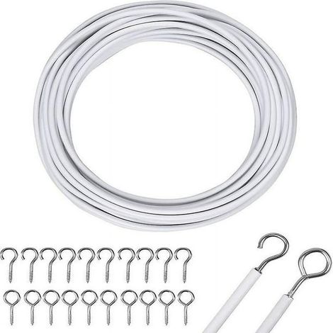 Fil de rideau 10m blanc, câble tendeur avec crochets et pitons, corde à rideau pour tringle, fixation murale, kit complet pour suspendre voilage et tenture. (1/4)