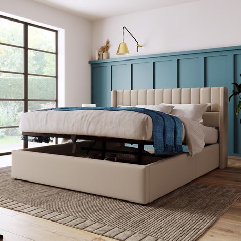 Lit coffre hydraulique 160x200 cm beige, lit rembourré avec rangement, sommier inclus, structure métal et bois, tête de lit en lin, sans matelas (1/5)
