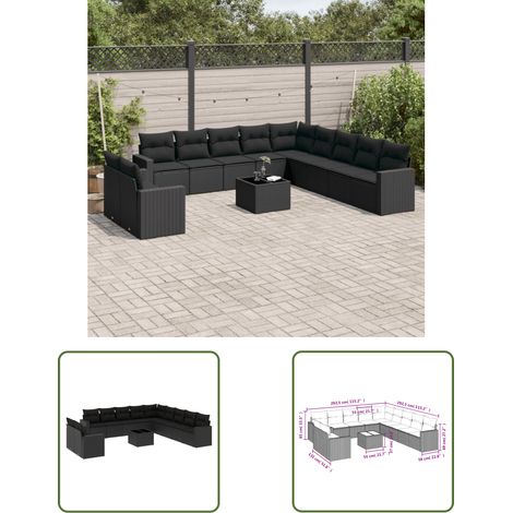 The Living Store Salon de jardin 12 pcs avec coussins noir résine tressée - Ensemble Salon De Jardin - Meuble De Jardin - Résine Tressée - Rotin Synthétique - Mobilier D'extérieur (1/3)