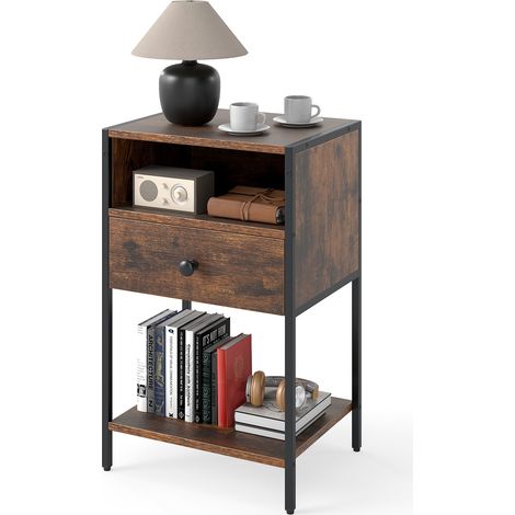 COSTWAY Industrial End Table Nightstand with Open Compartment-Coffee
