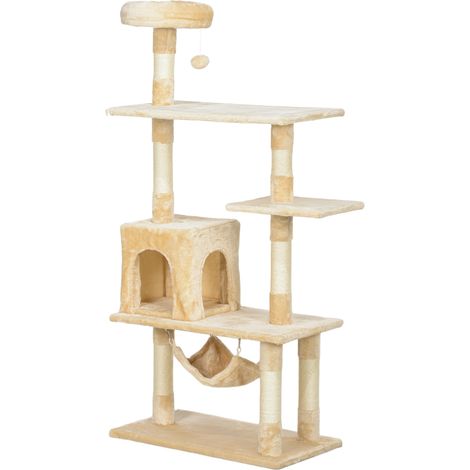 Arbre à chat géant 70 x 40 x 152 cm avec plusieurs plateformes, hamac et poteaux, beige (1/5)