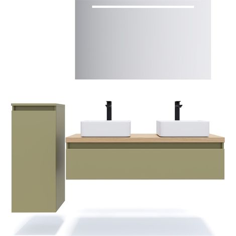 Meuble de salle de bain suspendu 2 vasques à poser 120cm 1 tiroir Vert olive + miroir + colonne ouverture gauche - Hudson (1/5)