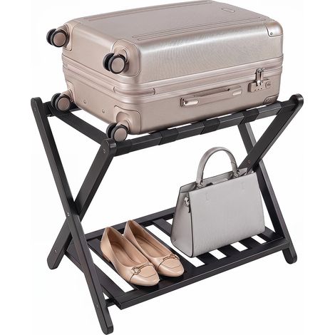 COSTWAY Porte-bagages Pliable en Bambou, Support pour Valise à 2 Niveaux (Noir) (1/5)