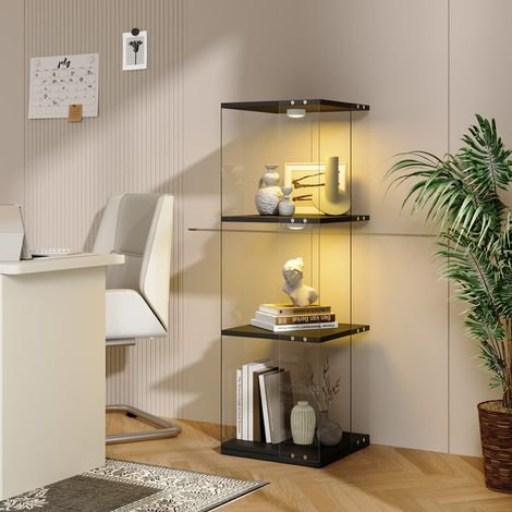 Vitrine Verre Rotative 360° - 38x38x121cm - Bibliothèque Pivotante 3 Niveaux avec Éclairage LED Multicolore Tactile - Noir (1/5)