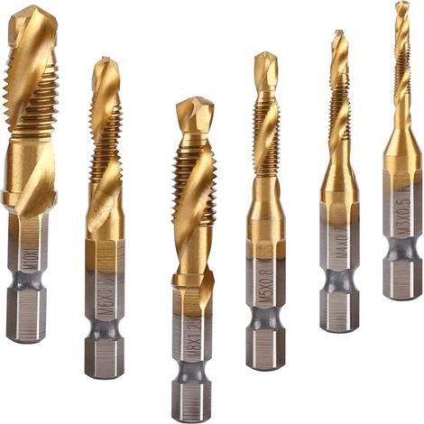 6pcs Set Forets taraudés, Tarauds et filières, M3-M10 Foret Taraudeur, 1/4 pouce foret filetage metaux, tige hex revêtue de titane pour en aluminium mince cuivre plastique bois ensemble (1/5)