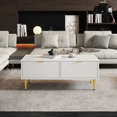 Table basse 100x50x40 cm blanche et dorée en MDF avec 2 tiroirs et étagère ouverte (1/5)
