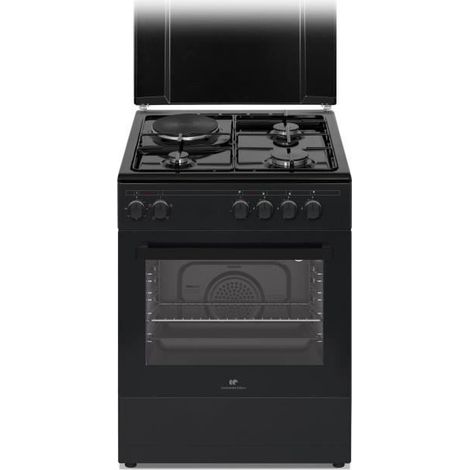 Continental Edison – Cuisinière mixte 3 feux gaz + 1 électrique CECM60FCB – Four à gaz et électrique 56L – Auto-nettoyage à catalyse – L59,8 x P61 x H83 cm – Noir (1/6)