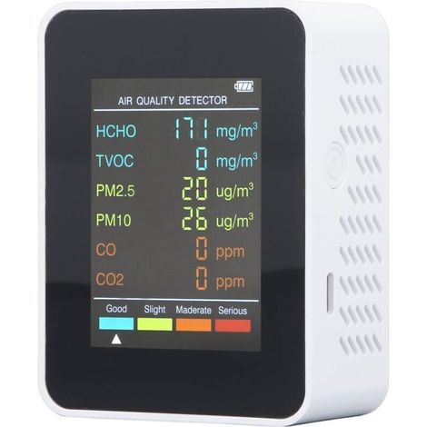 Moniteur de qualité de l'air portable avec écran LCD rétroéclairé, détecteur CO2 TVOC HCHO PM2.5 PM10 avec alarme, blanc,de DEBUNS (1/5)