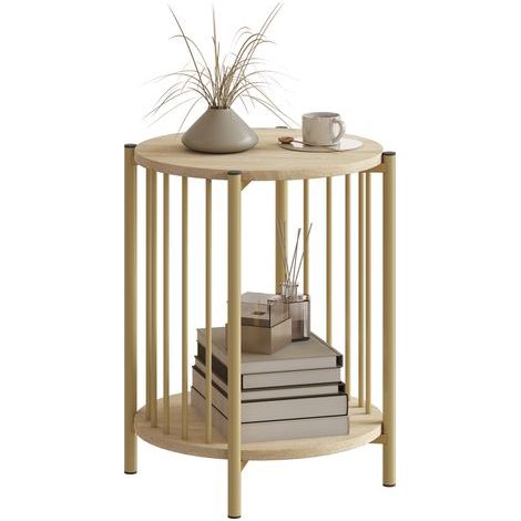 Side table, end table with 2 tiers, storage shelf, and steel frame, Ø 41 x 49 cm, natural wood effect (1/5)