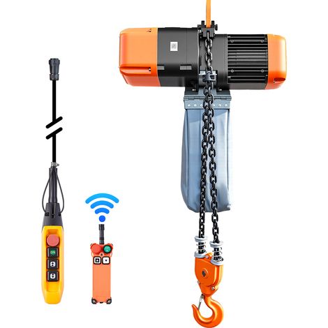 Mophorn Elektrischer Kettenzug 2721 kg, 9,1 m Hubhöhe, Dreiphasig, mit 100 m Funk- & 8,2 m Kabelfernbedienung, G100-Doppelkette, Notstopp, Elektrokettenzug für Industrie, Lager und Werkstätten (1/5)
