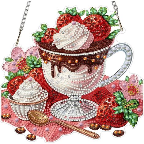 Diamantmalerei-Anhänger Erdbeer-Kaffee-Dessert, doppelseitig, zum Aufhängen, 20x20cm