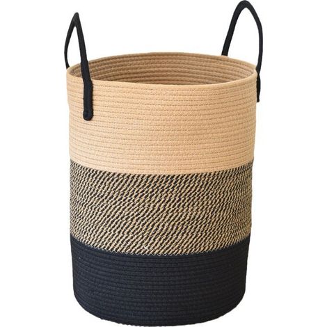 Grande cesto portabiancheria intrecciato, cesto portabiancheria in corda di cotone, cesto portacoperte boho, cesto per giocattoli e vestiti per organizzare camera da letto e soggiorno, marrone e nero (1/5)