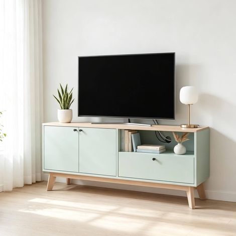 Mobile TV 120x35x50 cm per TV fino a 36 pollici, con contenitore, MDF, verde chiaro/rovere HAVRYA (1/5)