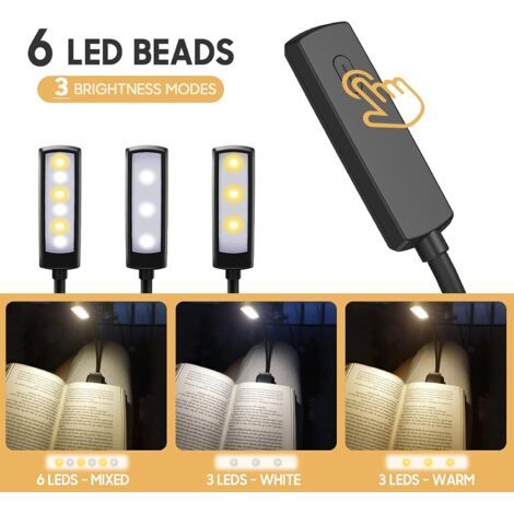 Lampe de lecture LED avec 6 LED rechargeables (lumière blanche froide/jaune chaude), 3 modes de luminosité, rotation flexible à 360°, idéale pour lire au lit, avec clip, lampe de lecture pour salon/sa (1/4)