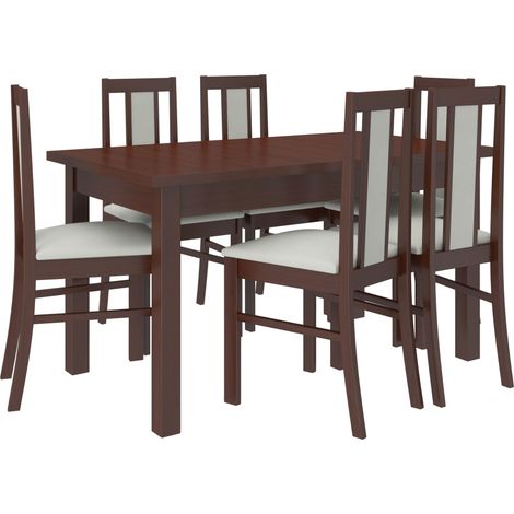 Ensemble table extensible 140-180cm et 6 chaises en bois Noyer foncé et tissu beige clair Louiza (1/5)