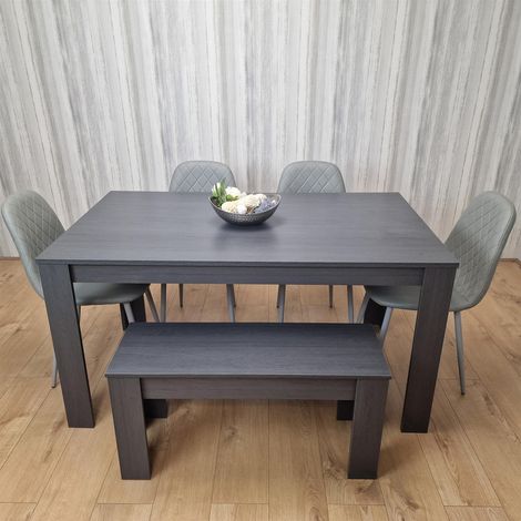 Dining Table and 4 Chairs With Bench Black Dark Grey 4 Grey Leather Chairs Wood Dining Set Furniture (1/5)