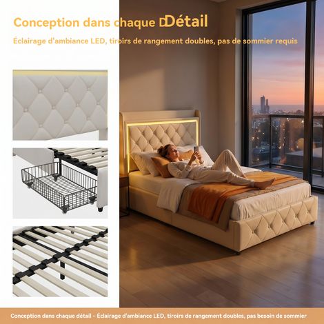 Lit avec 2 tiroirs, Lit coffre capitonné 90x200, Cadre de Lits pour adults, Lit rembourré 2 Personnes, tête de lit en coton, avec LED et USB (1/5)